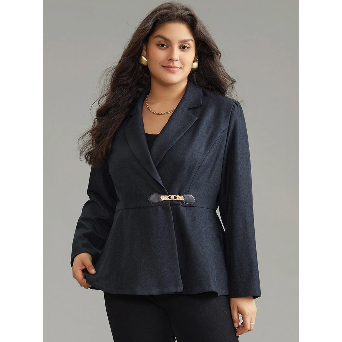 Plus Size Suit Collar Plain Buckle Detail Tweed Blazer Midnight Women Dailywear Plain Lined Sleeve Long Sleeve Suit Collar 28/5X Elegant Blazers BloomChic Product Image