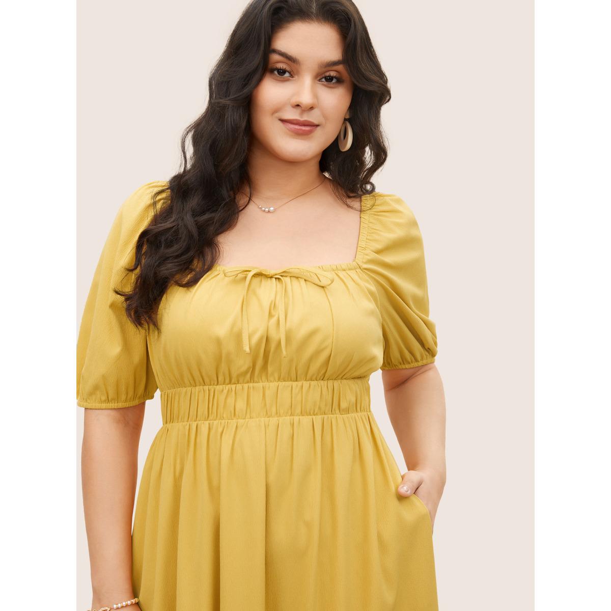 Plus Size Plain Lantern Sleeve Drawstring Square Neck Dress Yellow Women Elegant Non Square Neck Short sleeve Curvy Midi Dress BloomChic 14-16/1X Product Image