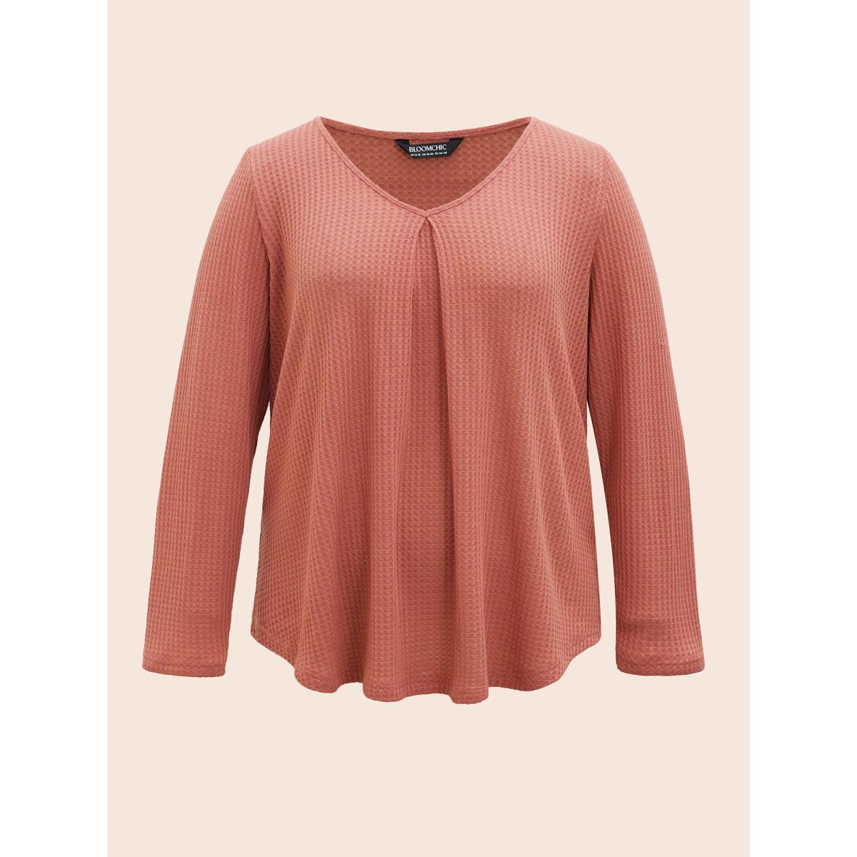 Plus Size Plain Waffle Knit Scoop Neck Plicated Detail T-shirt Salmon Women Leisure Non Plain V-neck Casual T-shirts BloomChic 28/5X Product Image