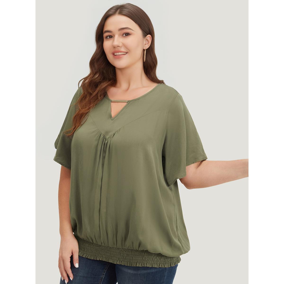 Plus Size ArmyGreen Solid Shirred Keyhole Gathered Ruffle Sleeve Blouse Women Office Half Sleeve V-neck Work Blouses BloomChic 22-24/3X Product Image