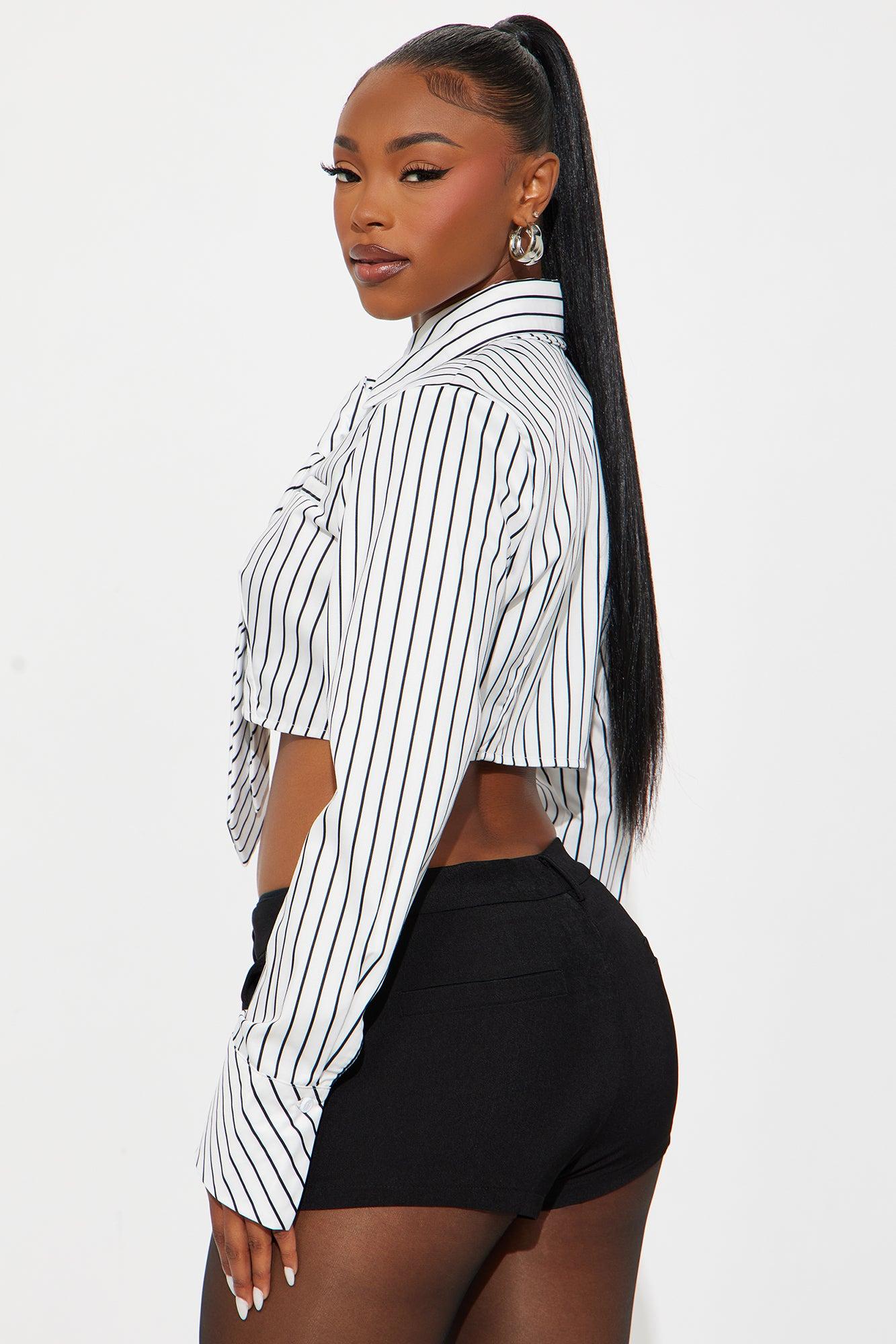 Real Woman Striped Poplin Tie Shirt - White/Black Female Product Image