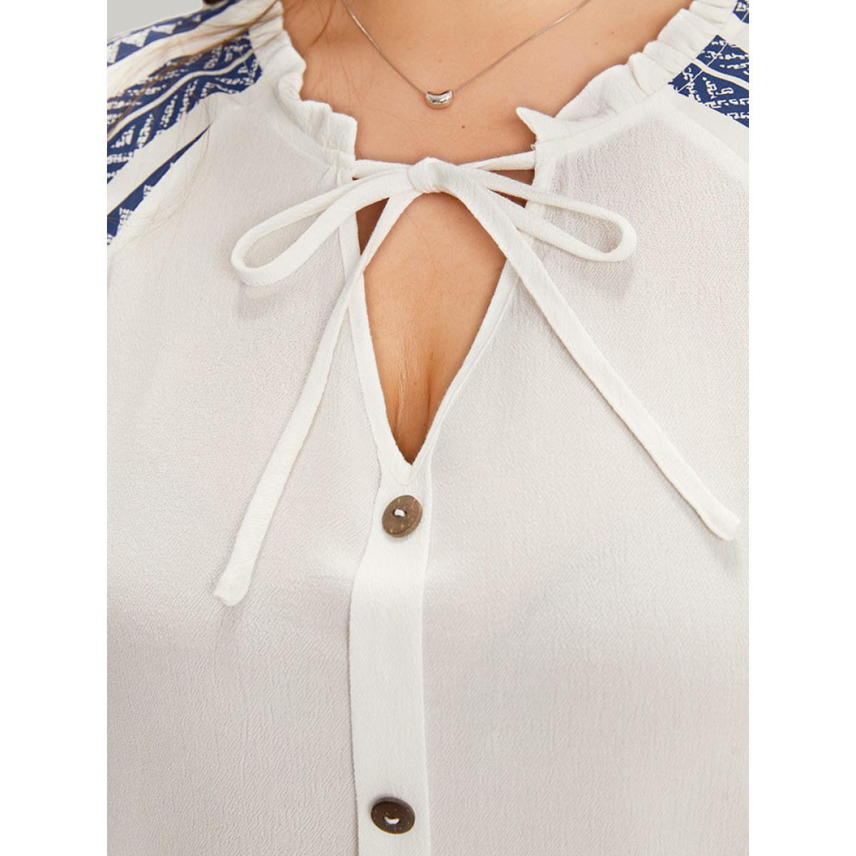 Plus Size DarkBlue Boho Print Tie Neck Patchwork Lantern Sleeve Blouse Women Vacation Elbow-length sleeve Tie Neck Dailywear Blouses BloomChic 10/M Product Image