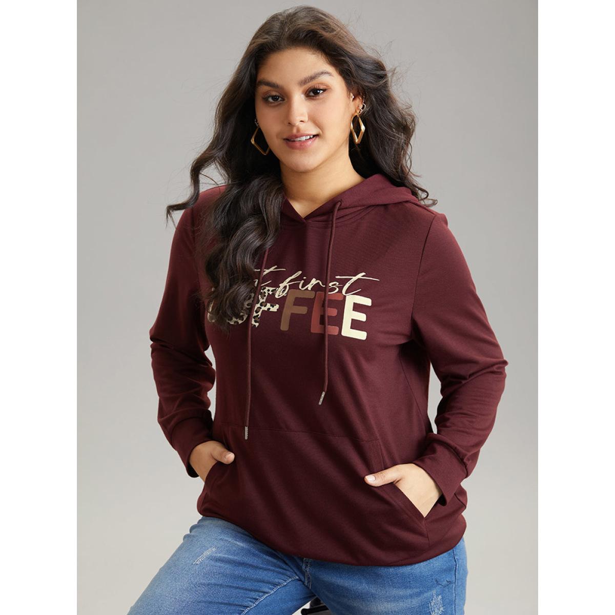 Plus Size Leopard Letter Kangaroo Pocket Hooded Sweatshirt Women Scarlet Casual Printed Dailywear Sweatshirts BloomChic 10/M Product Image