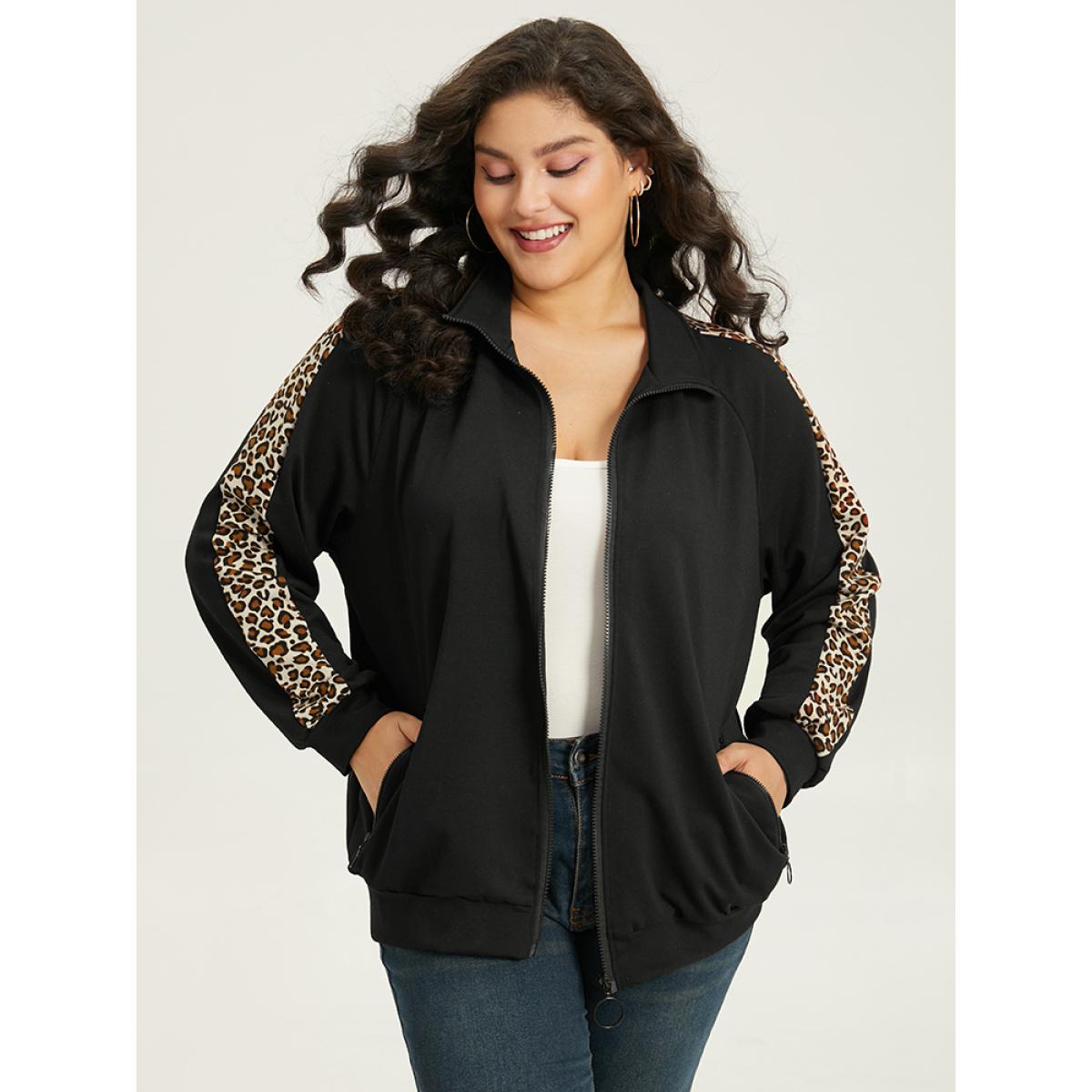 Plus Size Leopard Print Patchwork Zipper Pocket Jacket Women Black Elastic cuffs Pocket Dailywear Jackets BloomChic 22-24/3X Product Image