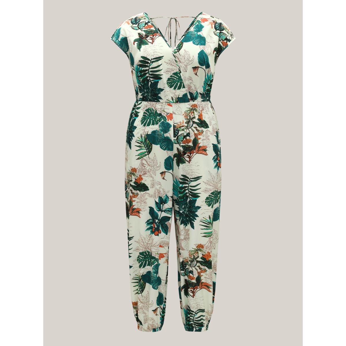 Plus Size Emerald Tropical Print Surplice Neck Back Tie Jumpsuit Women Resort Cap Sleeve V-neck Vacation Loose Jumpsuits BloomChic 10/M Product Image