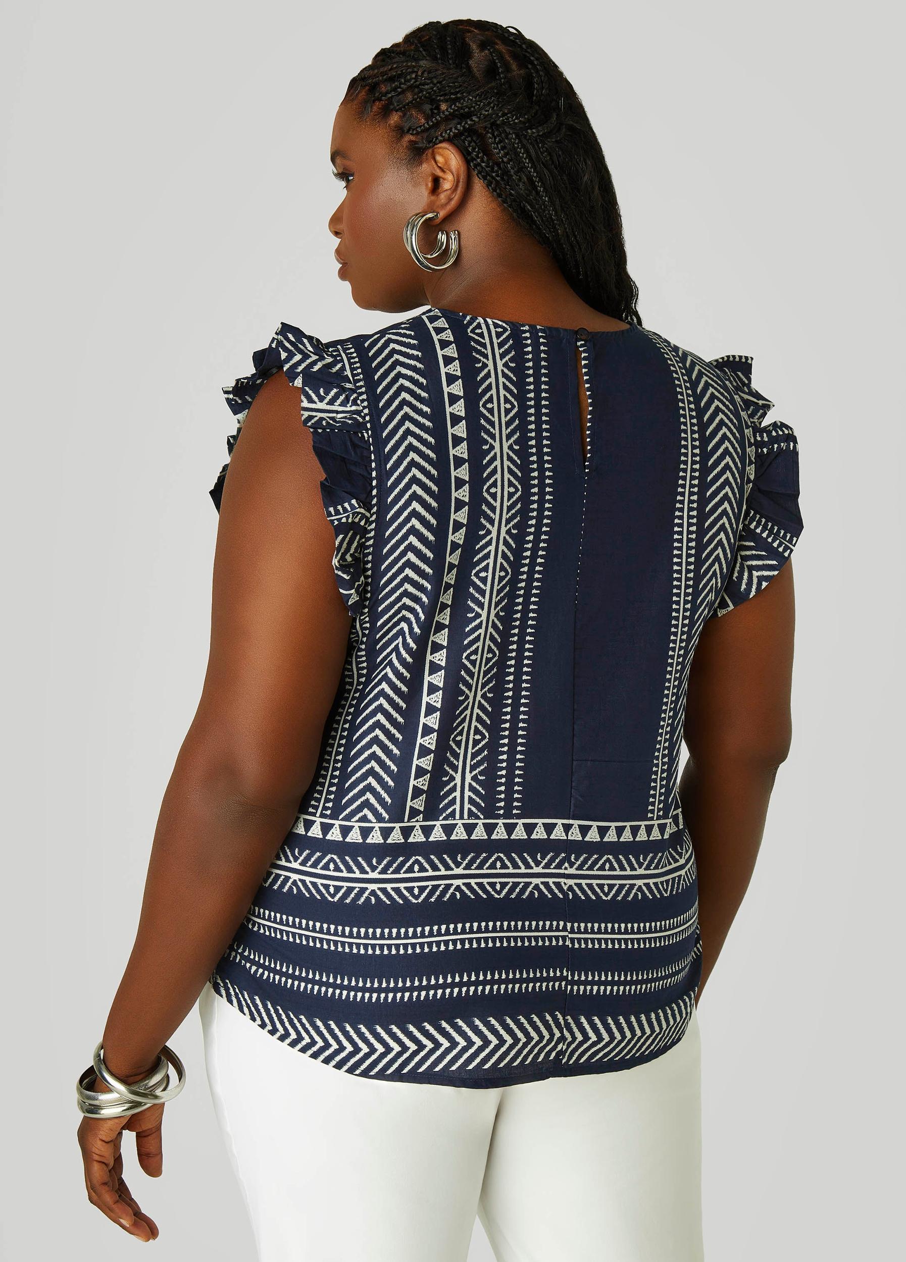 Plus Size Ruffle Trimmed Printed Cotton Top Ashley Stewart Product Image