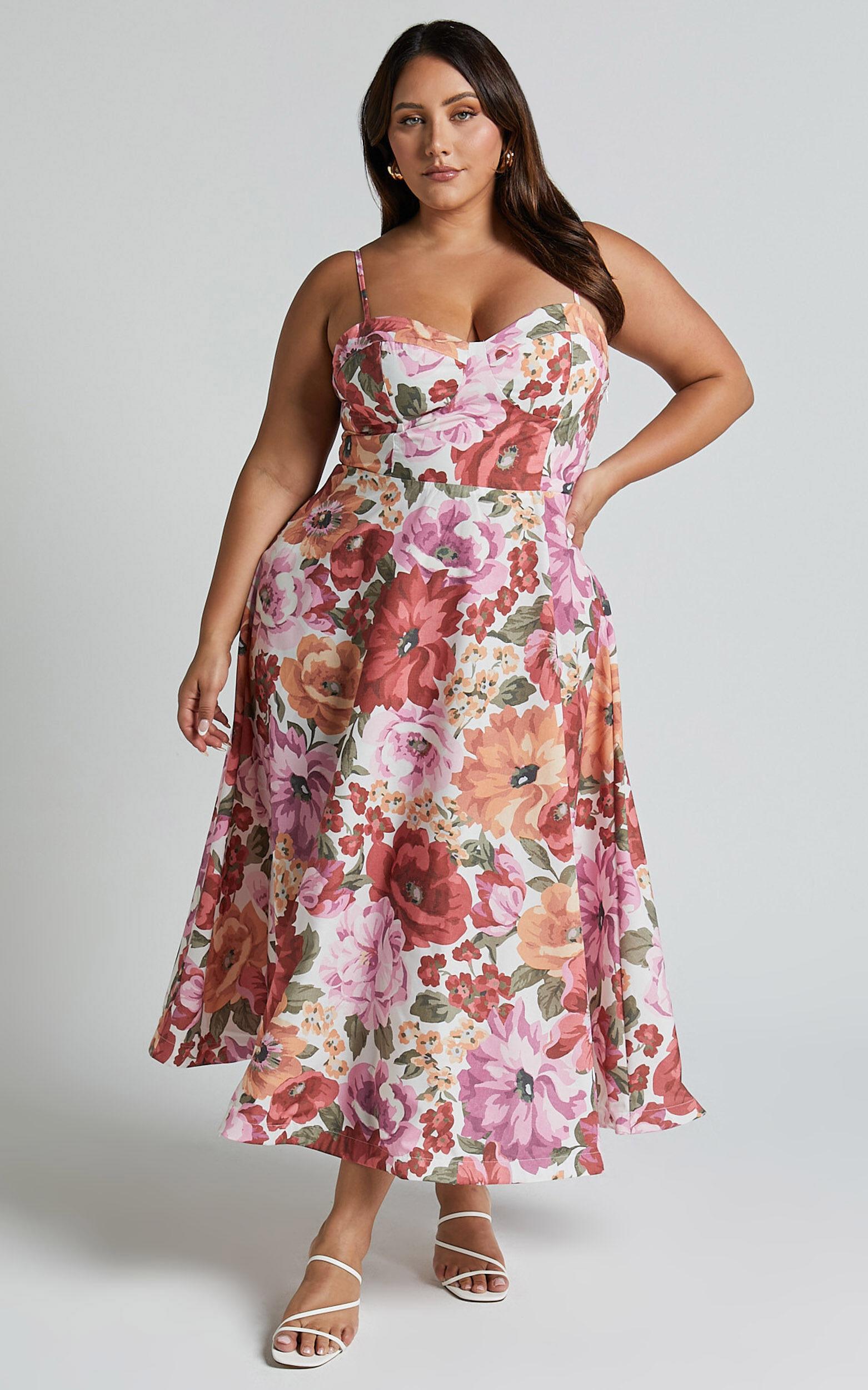 Robertson Midi Dress - Strappy Sweetheart Bustier Flare Dress in Spring Floral Product Image