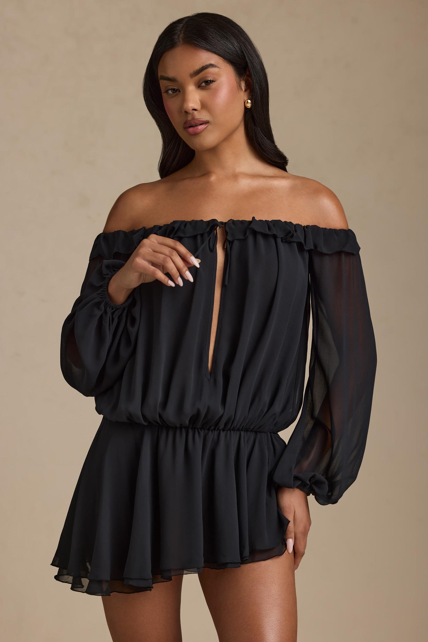 Off-Shoulder Asymmetric Balloon-Sleeve Mini Dress in Black Product Image