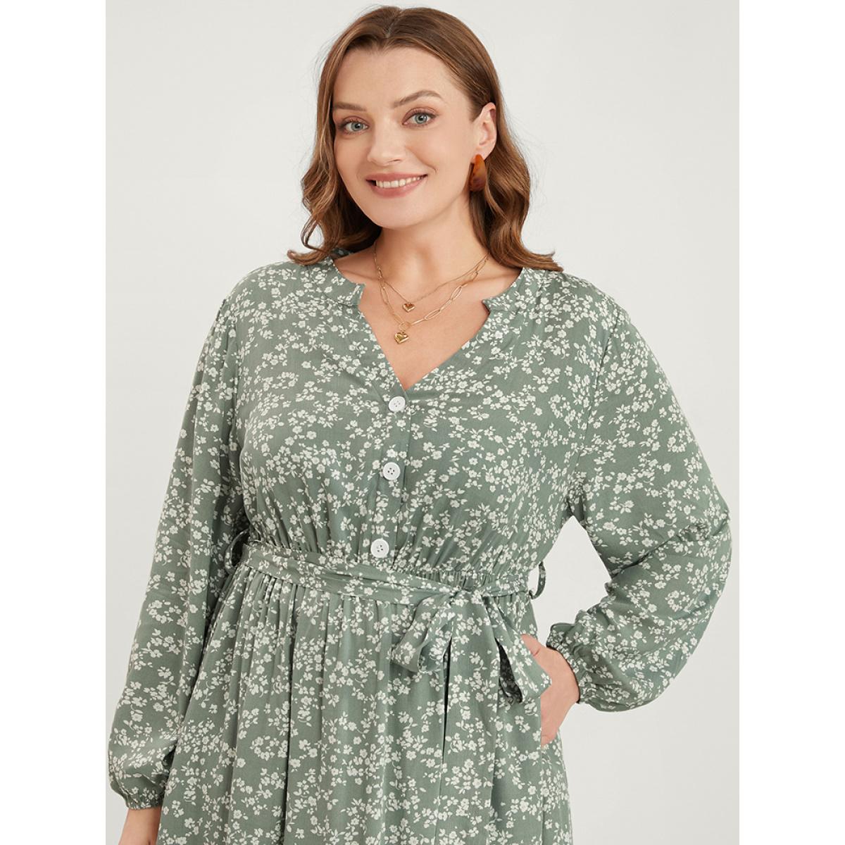Plus Size Ditsy Floral Lantern Sleeve Pocket Button Through Belted Midi Dress Sage Women Elegant Button V-neck Long Sleeve Curvy Midi Dress BloomChic 12/L Product Image