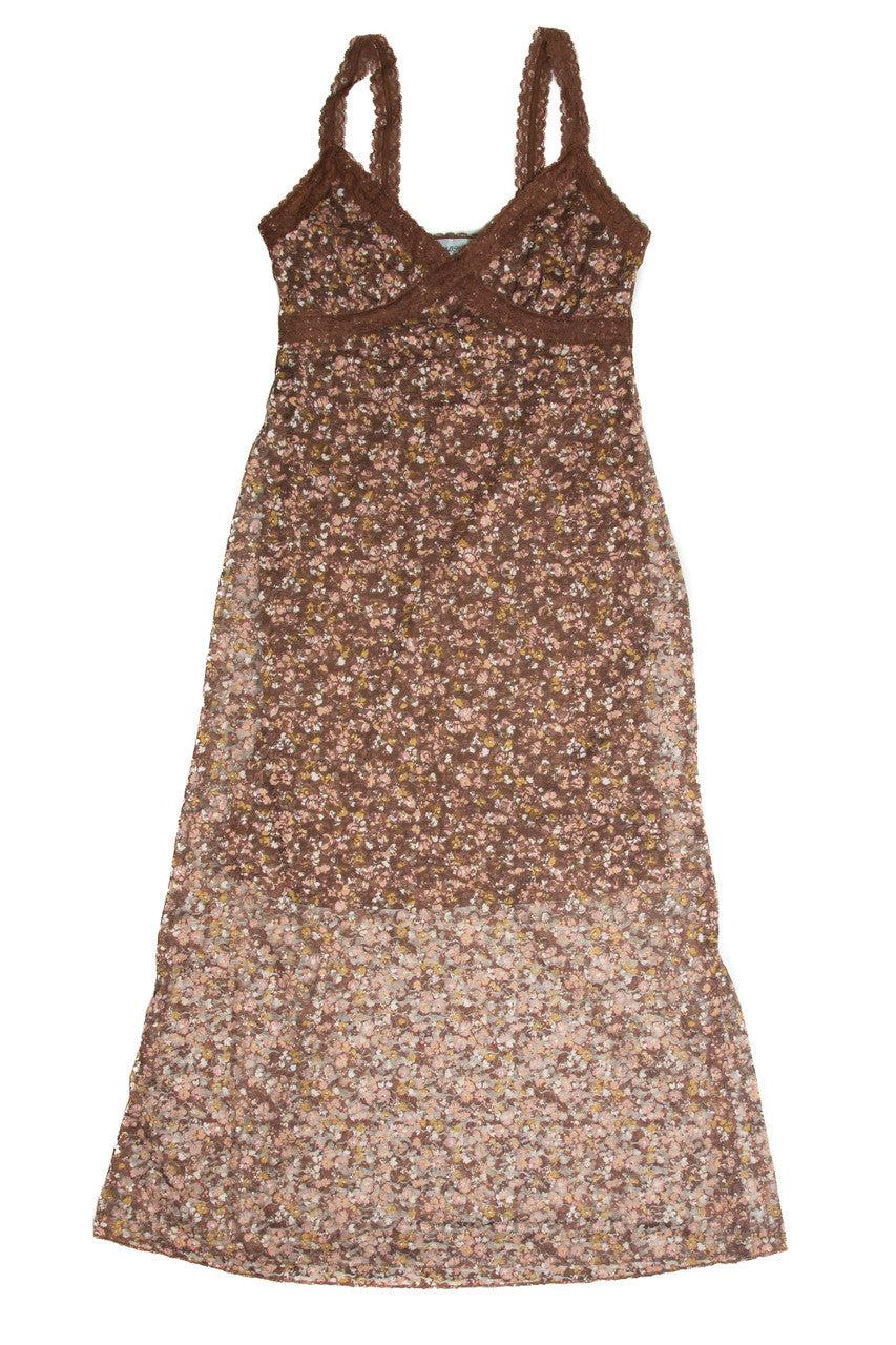 Brown Lace Trim Printed Midi Dress Product Image