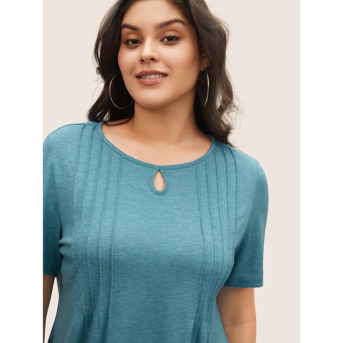 Plus Size Solid Seam Detail Keyhole T-shirt LightBlue Women Casual Pleated Round Neck Everyday T-shirts BloomChic 10/M Product Image