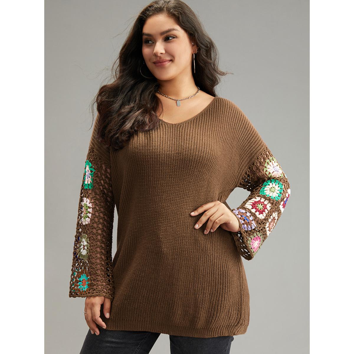 Plus Size Floral Embroidered Hollow Out Pullover DarkBrown Women Leisure Long Sleeve V-neck Casual Pullovers BloomChic 14-16/1X Product Image