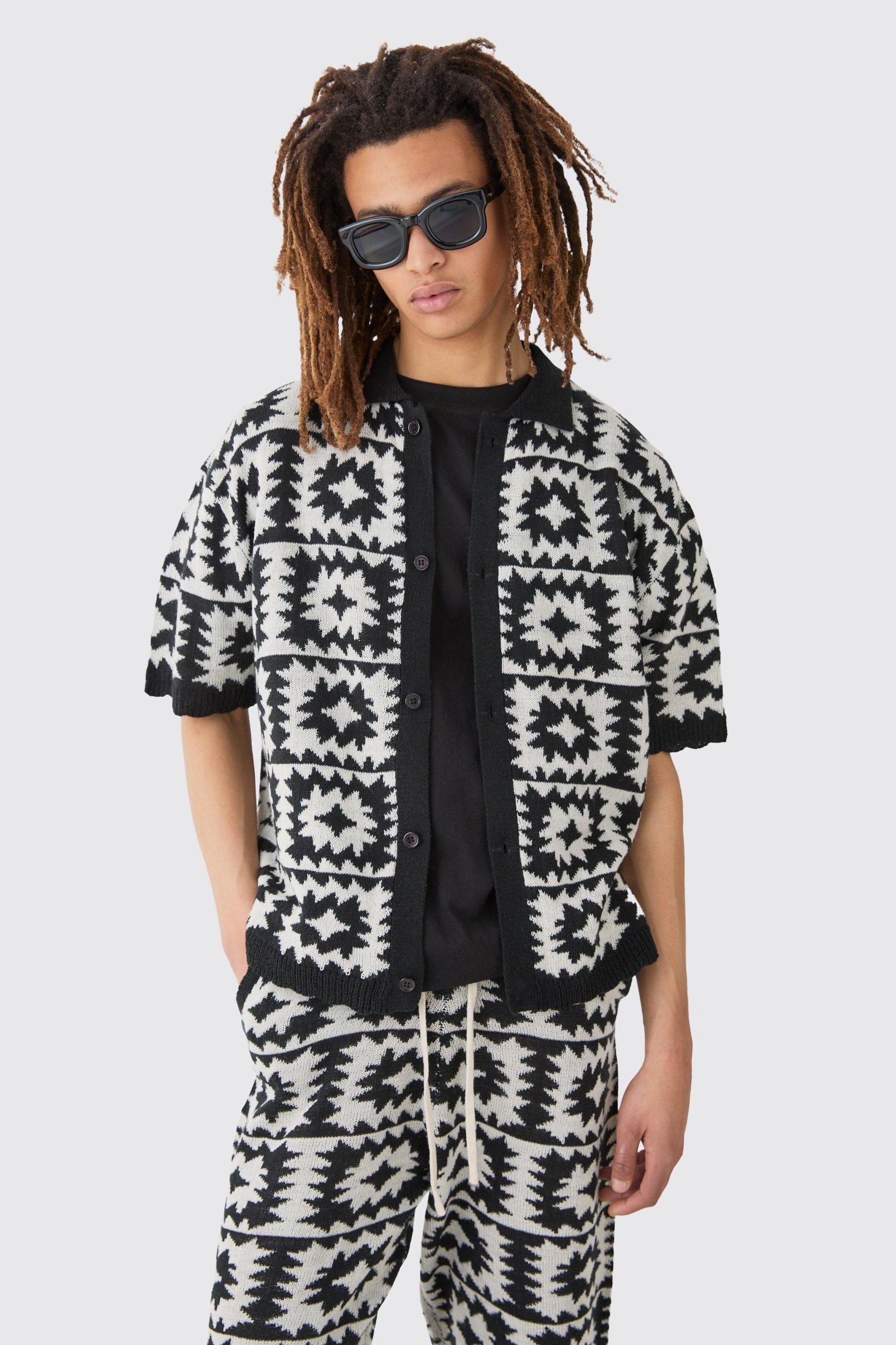 Boxy Open Stitch Crochet Polo Pants Knitted Set | boohooMAN USA Product Image