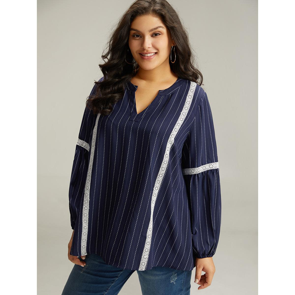 Plus Size Indigo Striped Guipure Lace Notched Lantern Sleeve Blouse Women Office Long Sleeve Notched collar Work Blouses BloomChic 30/6X Product Image