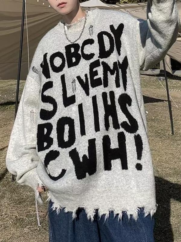 Men's Street Letter Jacquard Raw Trim Oversized Sweater Product Image