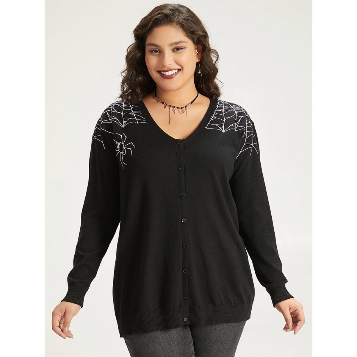 Plus Size Supersoft Essentials Halloween Spider Web Button Through Cardigan Black Women Leisure Loose Long Sleeve Casual Cardigans BloomChic 28/5X Product Image