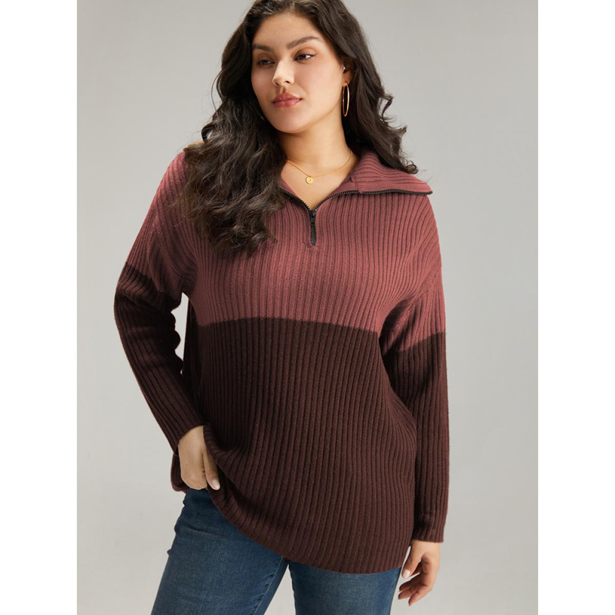 Plus Size Colorblock Contrast Half Zip Lapel Collar Pullover Rust Women Casual Loose Long Sleeve Lapel Collar Dailywear Pullovers BloomChic 28/5X Product Image