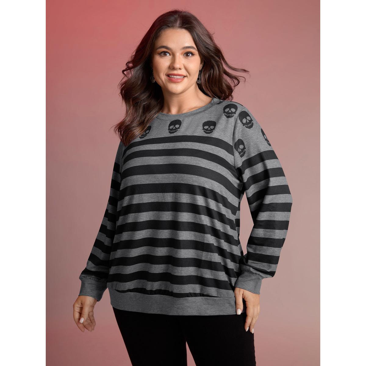 Plus Size Skull Stripe Print Crewneck Sweatshirt Women DimGray Leisure Non Round Neck Casual Sweatshirts BloomChic 22-24/3X Product Image