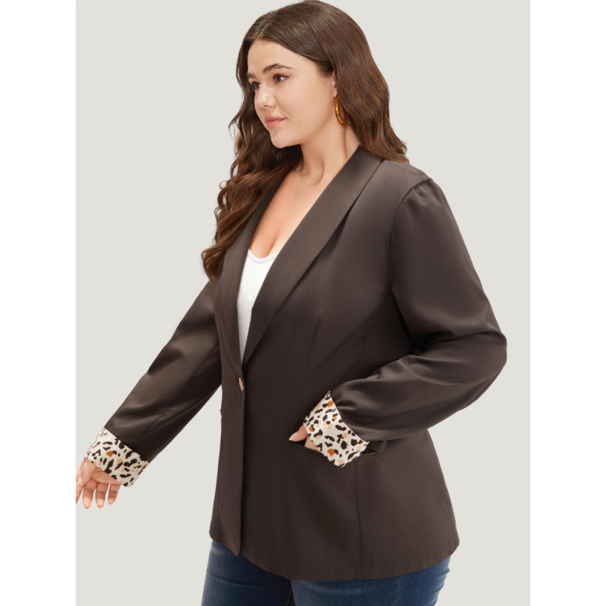 Plus Size Lapel Collar Patchwork Leopard Print Blazer DimGray Women Work Plain Contrast Sleeve Long Sleeve Lapel Collar 22-24/3X Pocket Office Blazers BloomChic Product Image