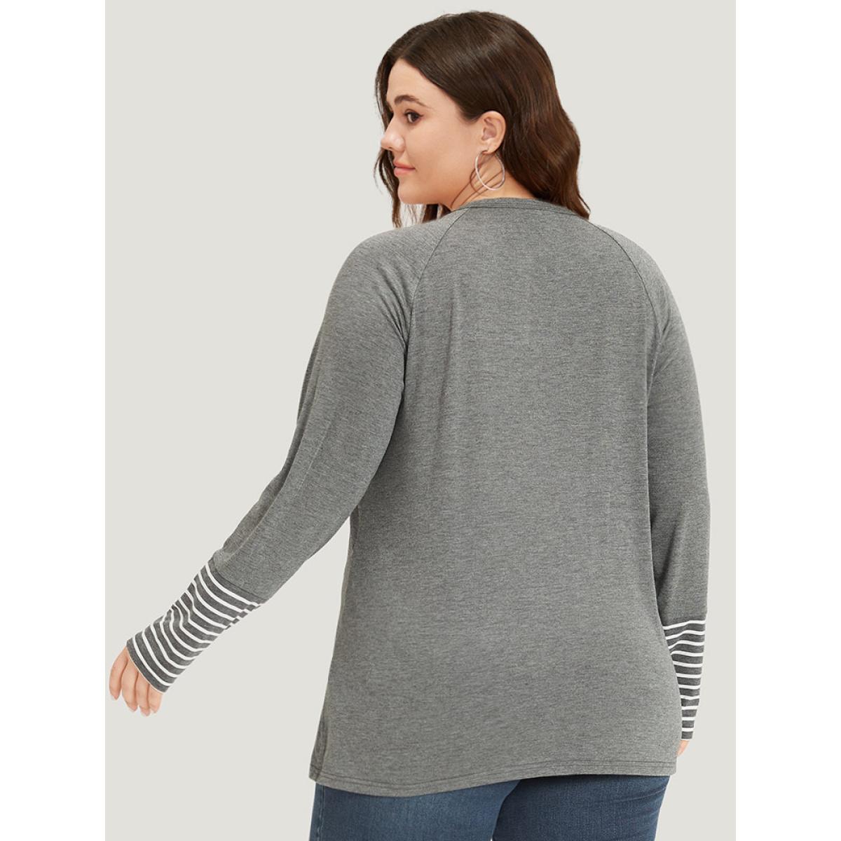 Plus Size Striped Patchwork Button Up Round Neck T-shirt DimGray Women Casual Contrast Striped Round Neck Dailywear T-shirts BloomChic 30/6X Product Image
