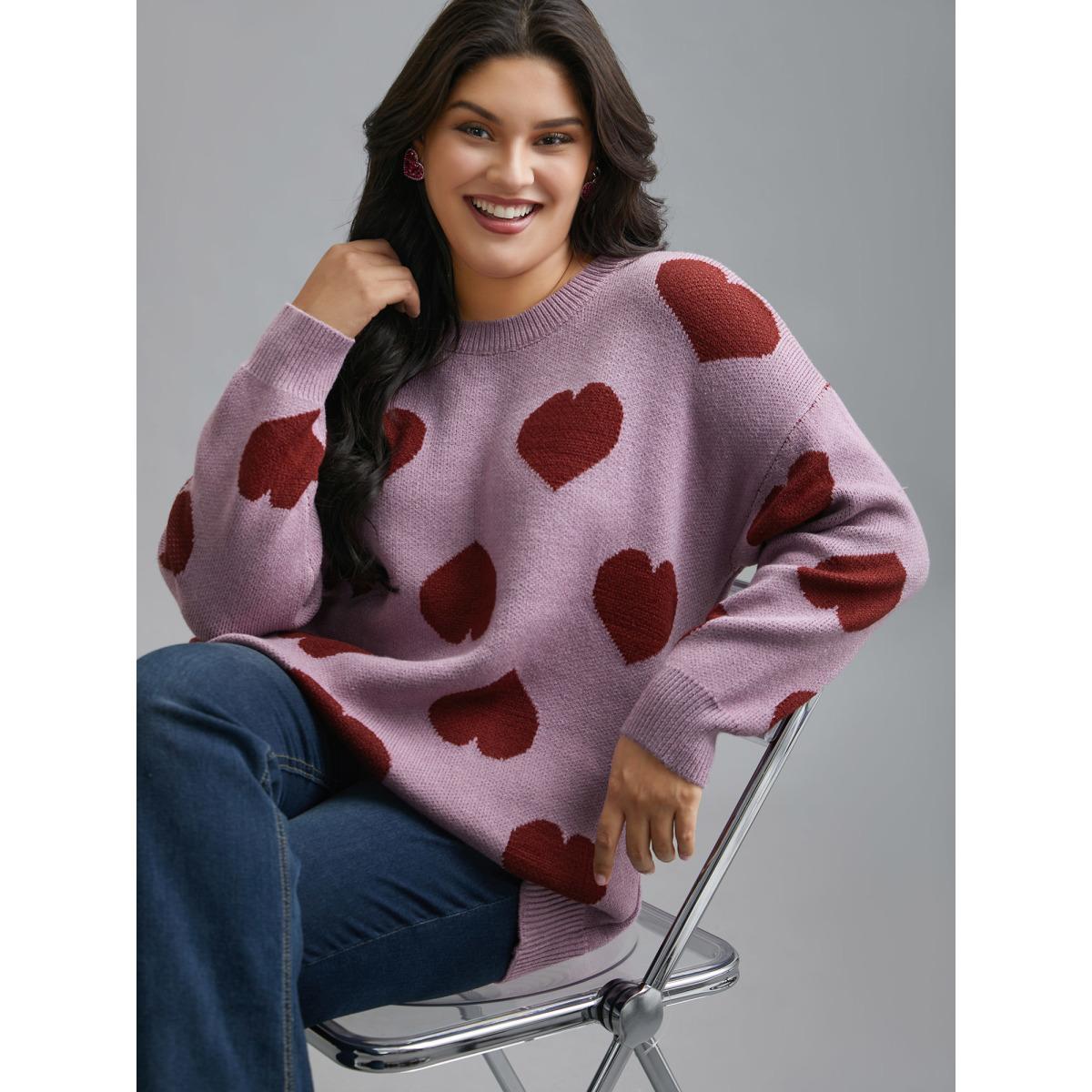 Plus Size Round Neck Contrast Heart Jacquard Pullover Lilac Women Casual Loose Long Sleeve Round Neck Everyday Pullovers BloomChic 30/6X Product Image