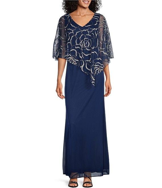 Ignite Evenings 3/4 Sleeve Asymmetrical Glitter Mesh Capelet V-Neck Jersey Gown Product Image