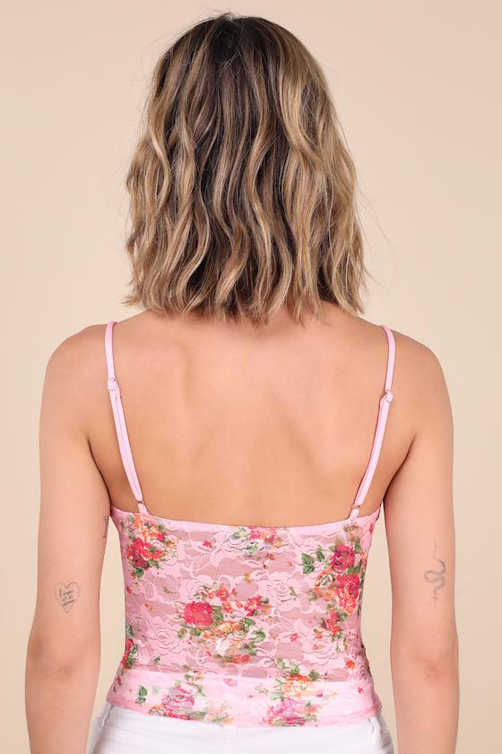 Precious Flirt Pink Floral Sheer Lace Cropped Cami Top Product Image