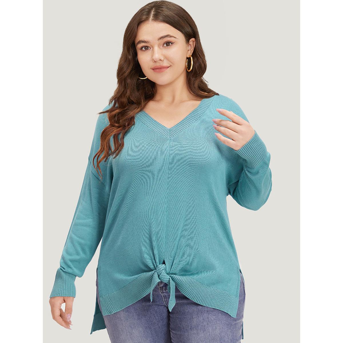 Plus Size Supersoft Essentials Bowknot Front Split Side Pullover Cerulean Women Casual Loose Long Sleeve V-neck Dailywear Pullovers BloomChic 22-24/3X Product Image