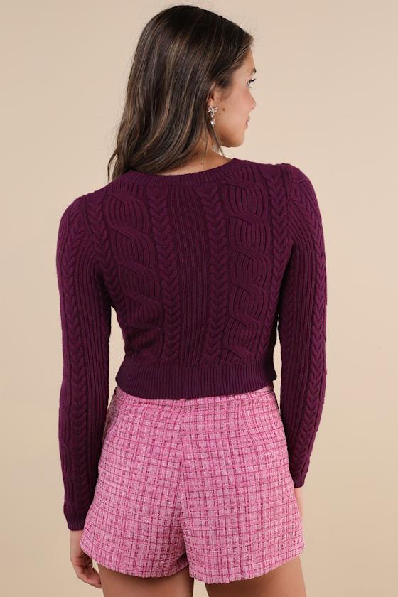 Cuddly Contentment Purple Cable Knit Cropped Sweater Product Image