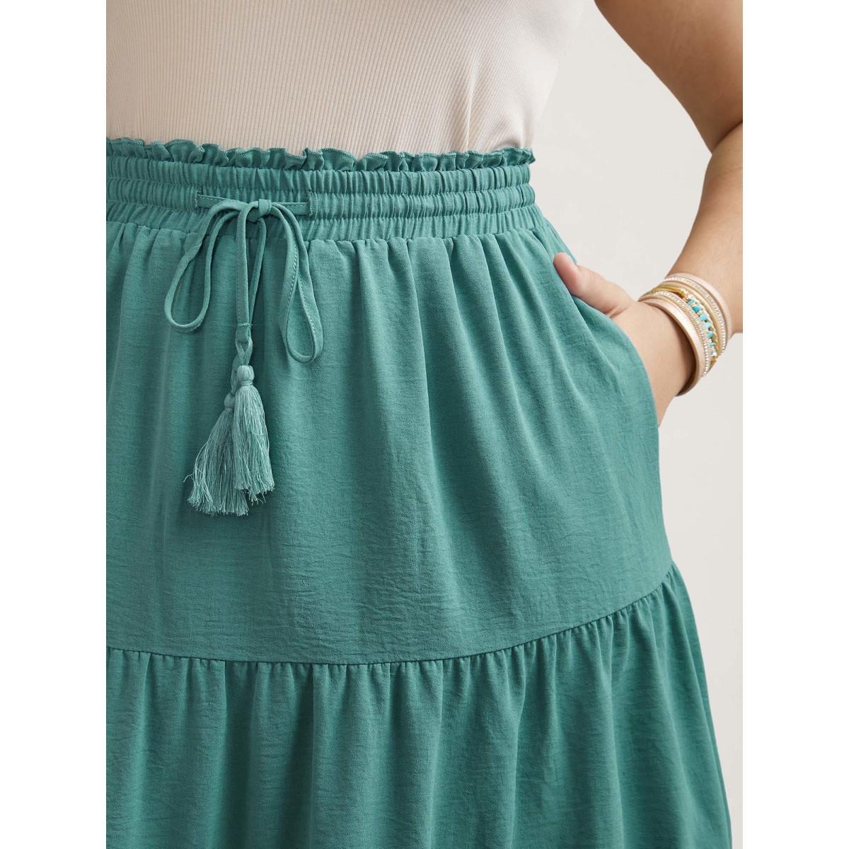 Plus Size Smocked Waist Lace Tiered Midi Skirt Women Turquoise Resort Gathered No stretch Side seam pocket Vacation Skirts BloomChic 14-16/1X Product Image