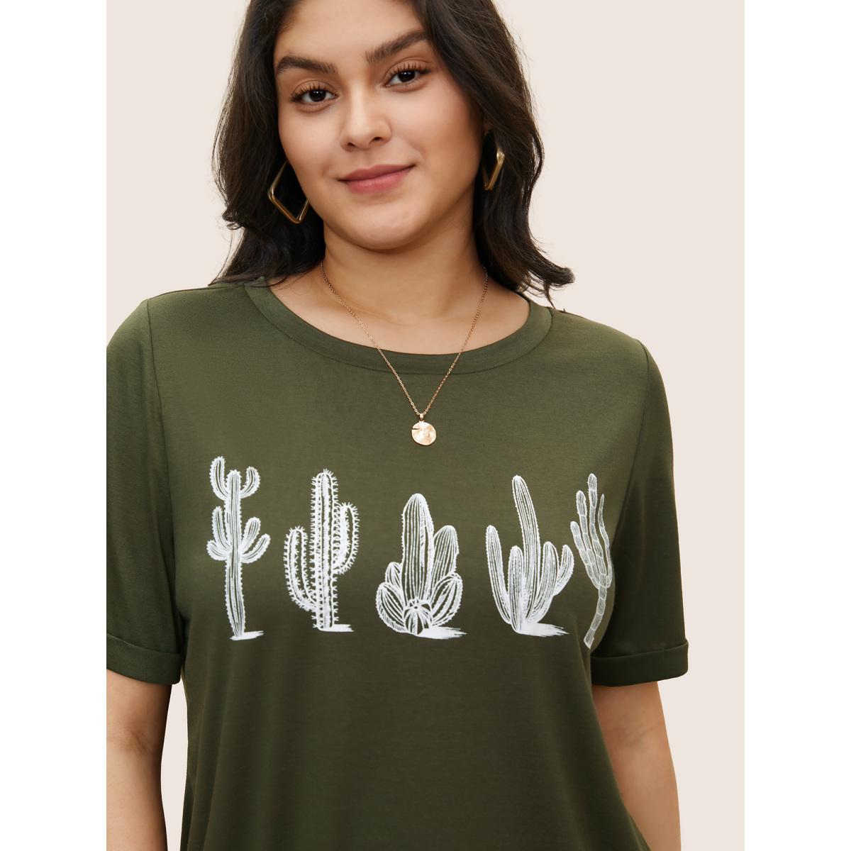 Plus Size Cactus Print Crew Neck T-shirt ArmyGreen Women Casual Non Natural Flowers Everyday T-shirts BloomChic 10/M Product Image