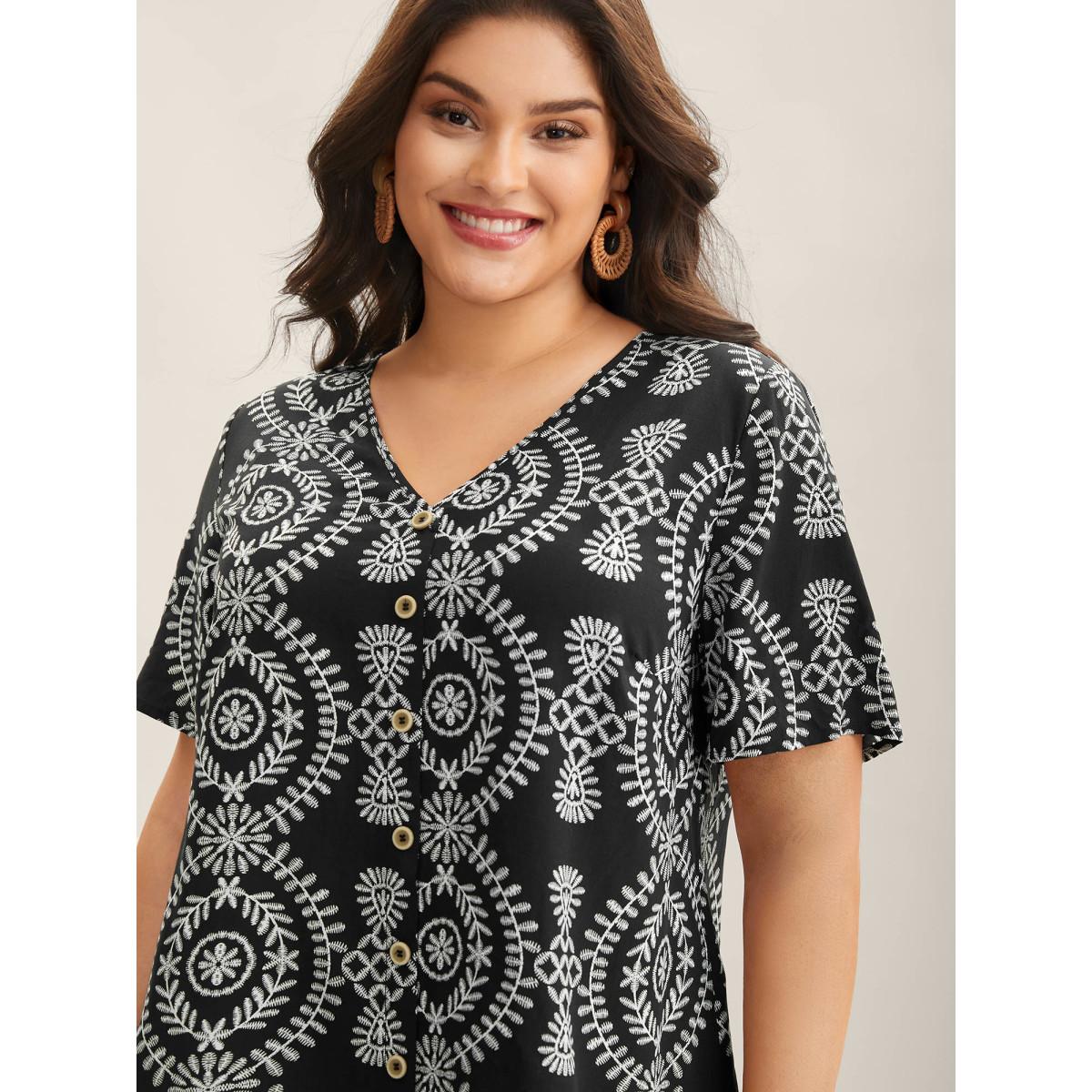 Plus Size Black Boho Print Button Placket Blouse Women Short sleeve V-neck Vacation Blouses BloomChic 14-16/1X Product Image
