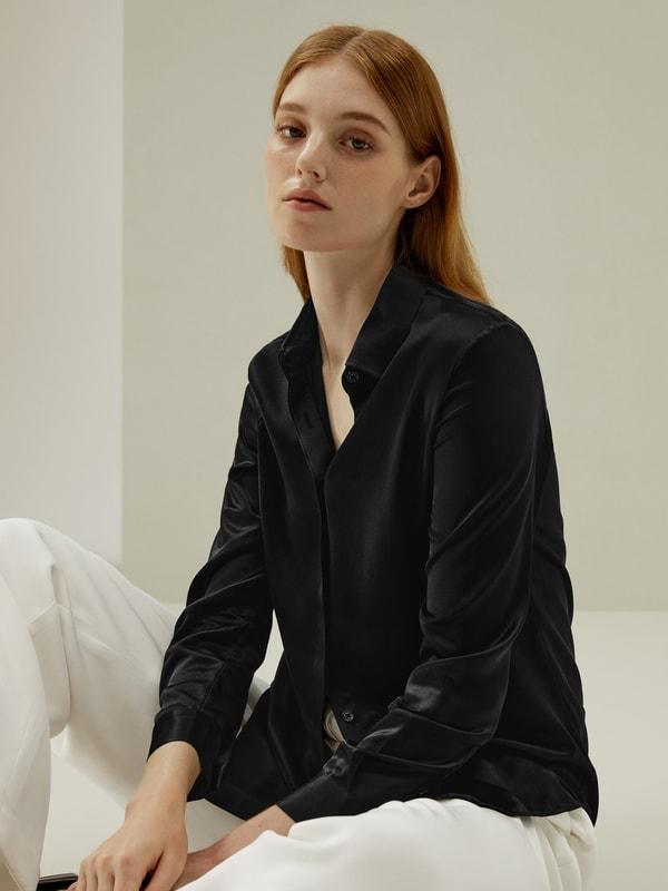 LILYSILK Silk Shirt Women - Dark Gray Mulberry Silk - Non-Toxic Dyes Concealed Mother-Of-Pearl Buttons Blouse Petite M Product Image