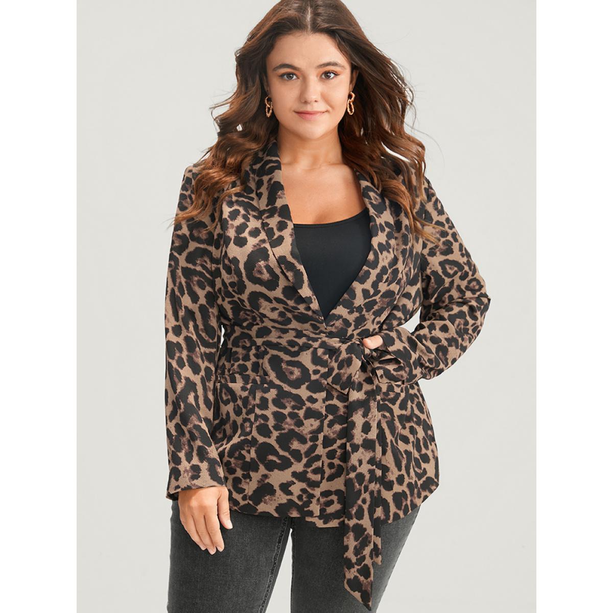Plus Size Leopard Suit Collar Pocket Belted Blazer Leopard Women Going out Leopard Belted Sleeve Long Sleeve Suit Collar 12/L Pocket Belt Glamour Blazers BloomChic Product Image