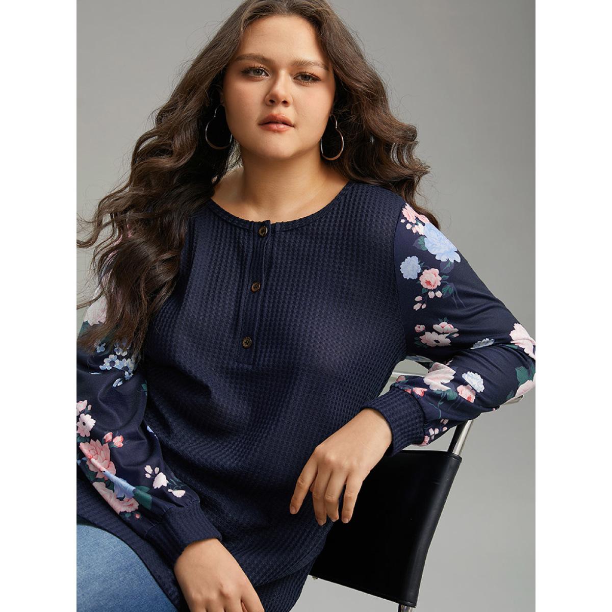 Plus Size Waffle Knit Floral Patchwork Button Up T-shirt Blue Women Casual Printed Floral Open Front Loose Dailywear T-shirts BloomChic 22-24/3X Product Image