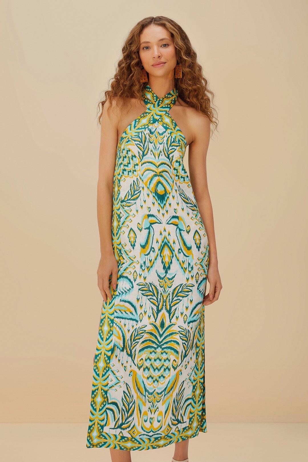 Off-White Tropical Tapestry Euroflax™ Premium Linen Maxi Dress Product Image