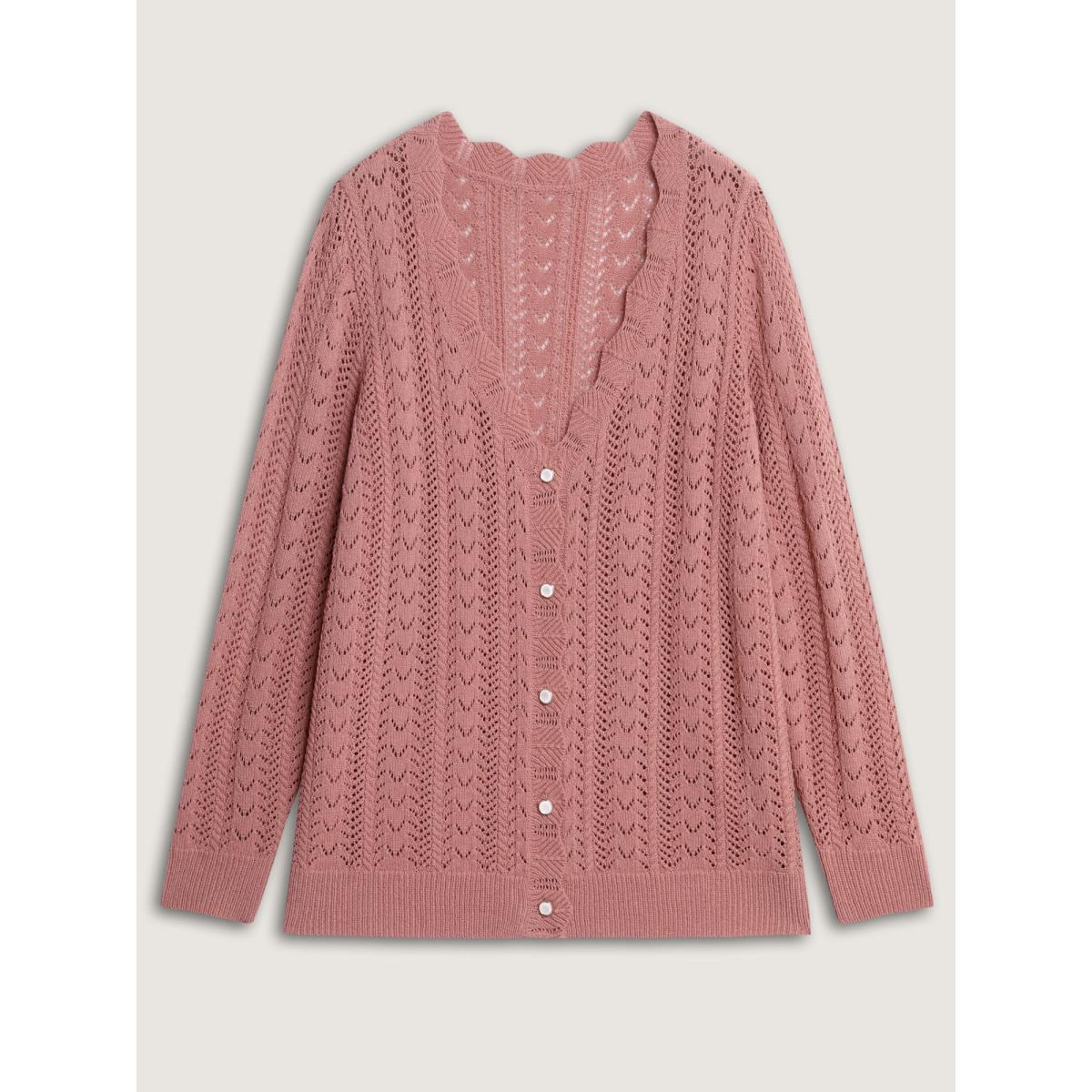 Plus Size Scalloped Neckline Cut-Out Knit Cardigan Rouge Women Leisure Loose Long Sleeve Casual Cardigans BloomChic 14-16/1X Product Image