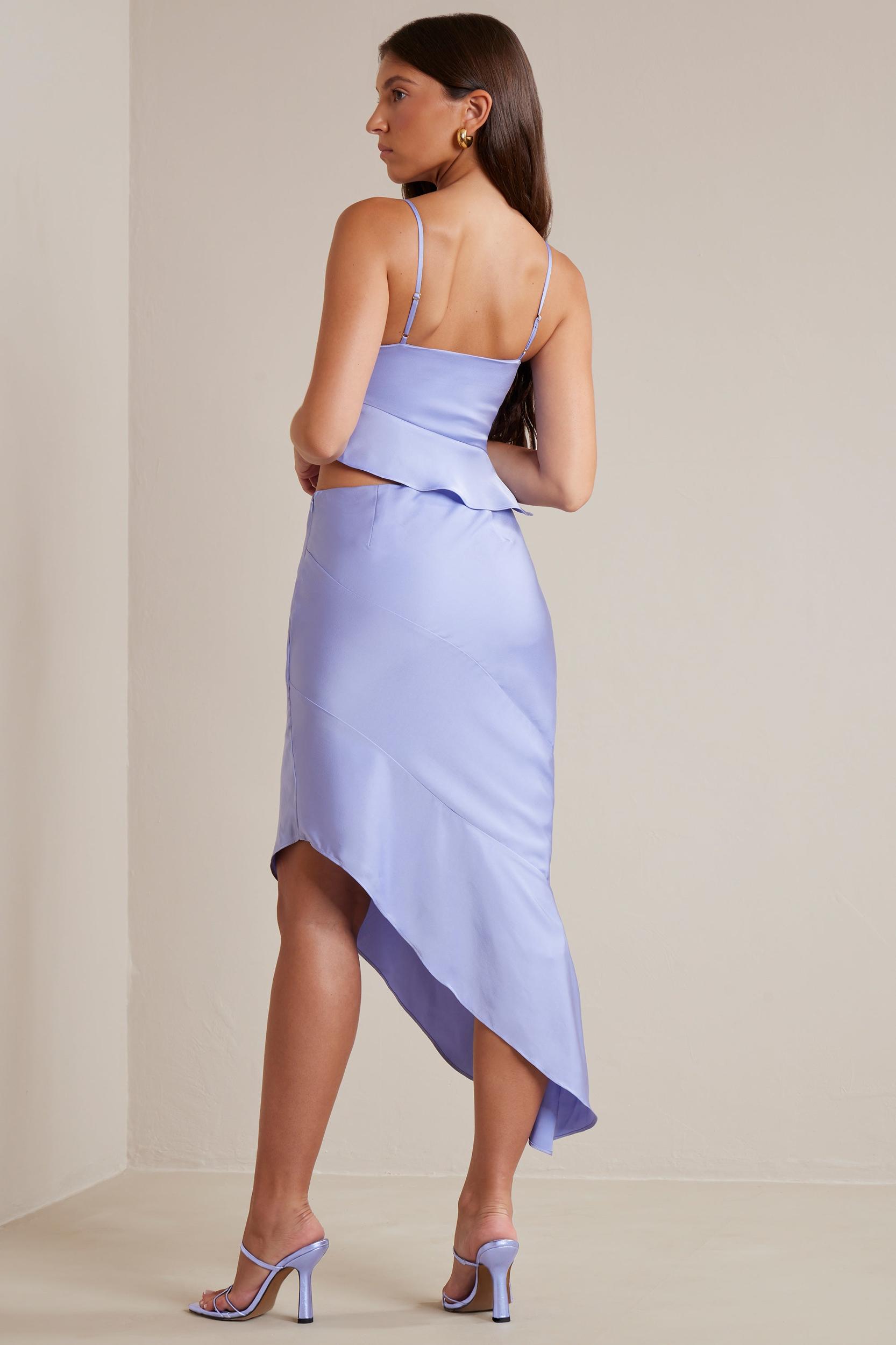 Bias Cut Satin Asymmetric Maxi Skirt in Periwinkle Product Image