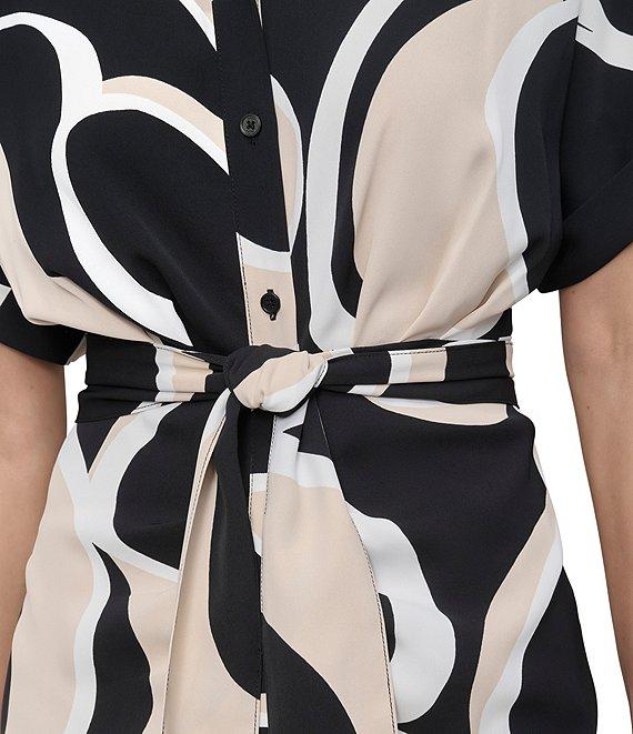 DKNY by Donna Karan Woven Geometrical Print Point Collar Neck Short Sleeve Button Front Waist Tie Shirt Midi Dress Product Image