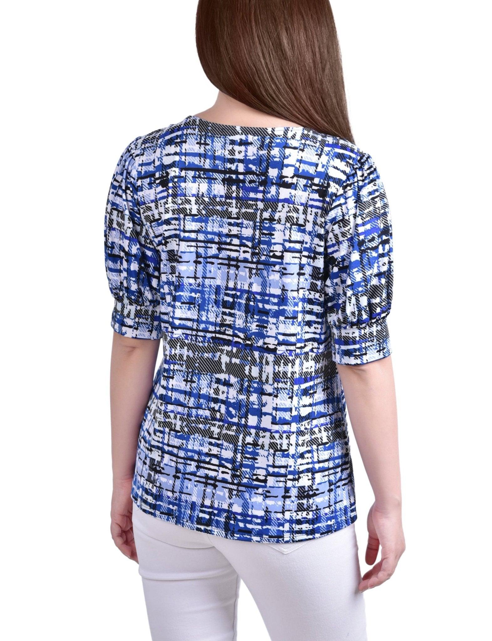 Blue Transplaid Short Sleeve Balloon Sleeve Top - Petite Product Image