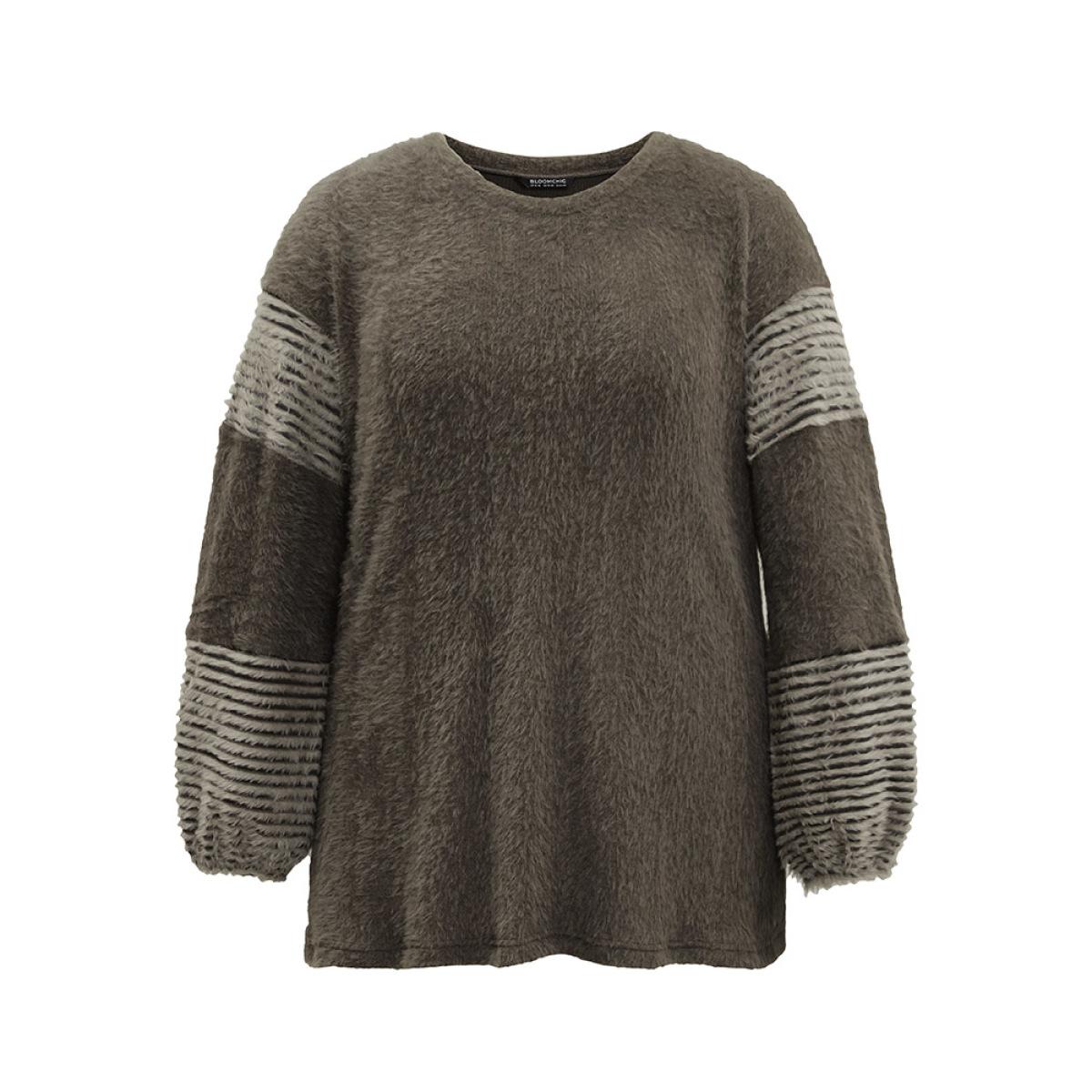 Plus Size Striped Patchwork Lantern Sleeve Fluffy Sweatshirt Women DarkBrown Casual Loose Round Neck Dailywear Sweatshirts BloomChic 10/M Product Image