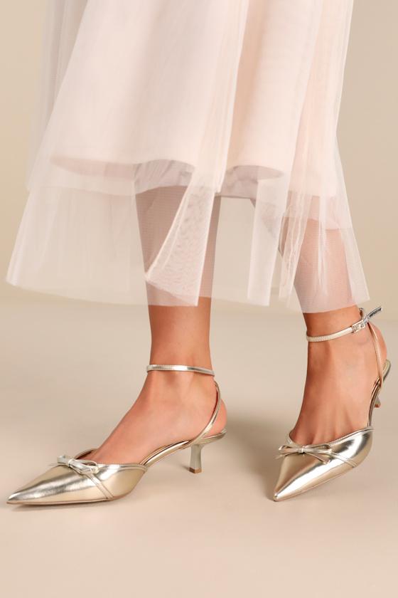 Talasia Gold Metallic Ankle Strap Kitten Heel Pumps Product Image