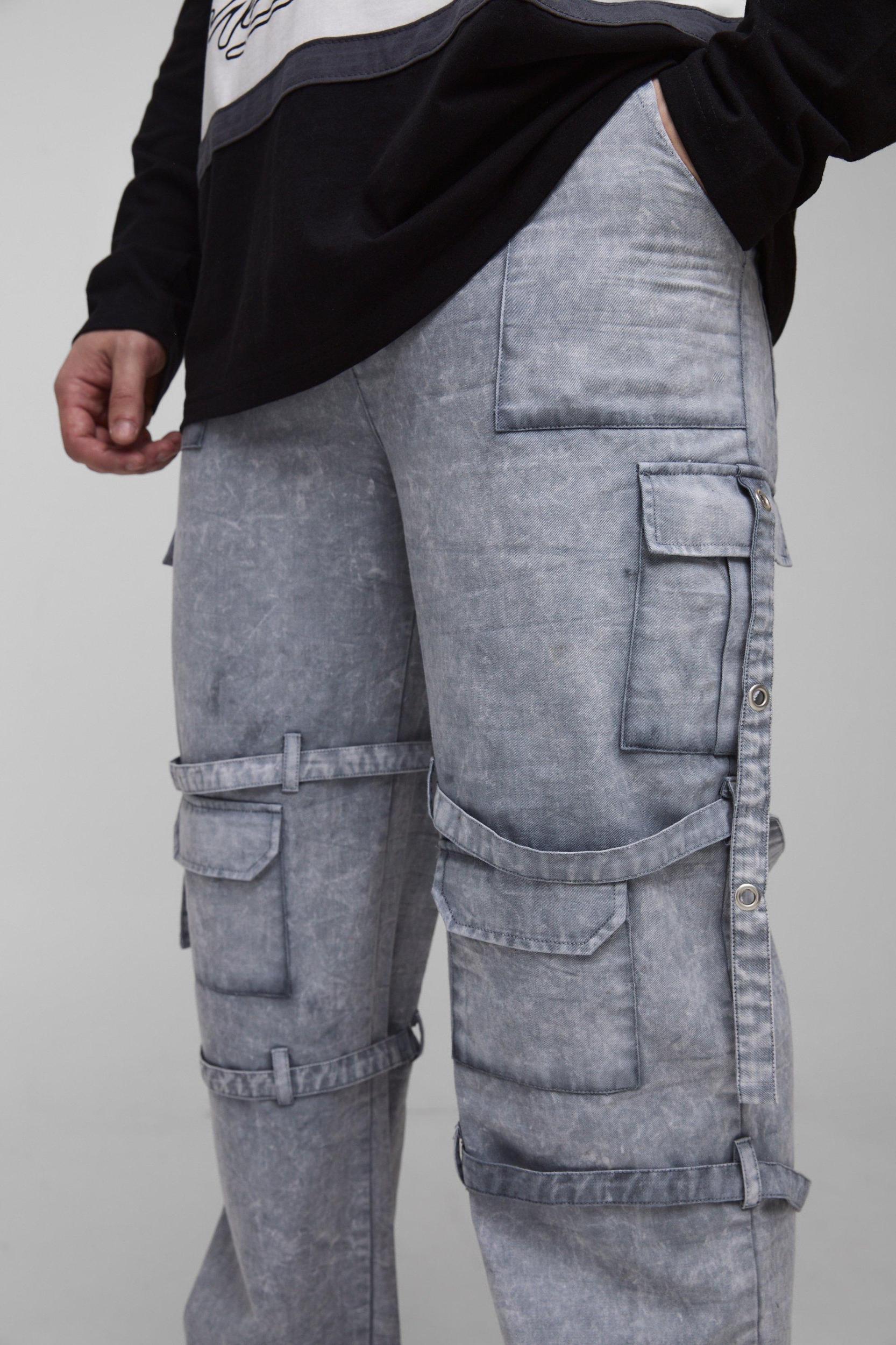 Tall Acid Wash Strappy Relaxed Fit Cargo Pants | boohooMAN USA Product Image
