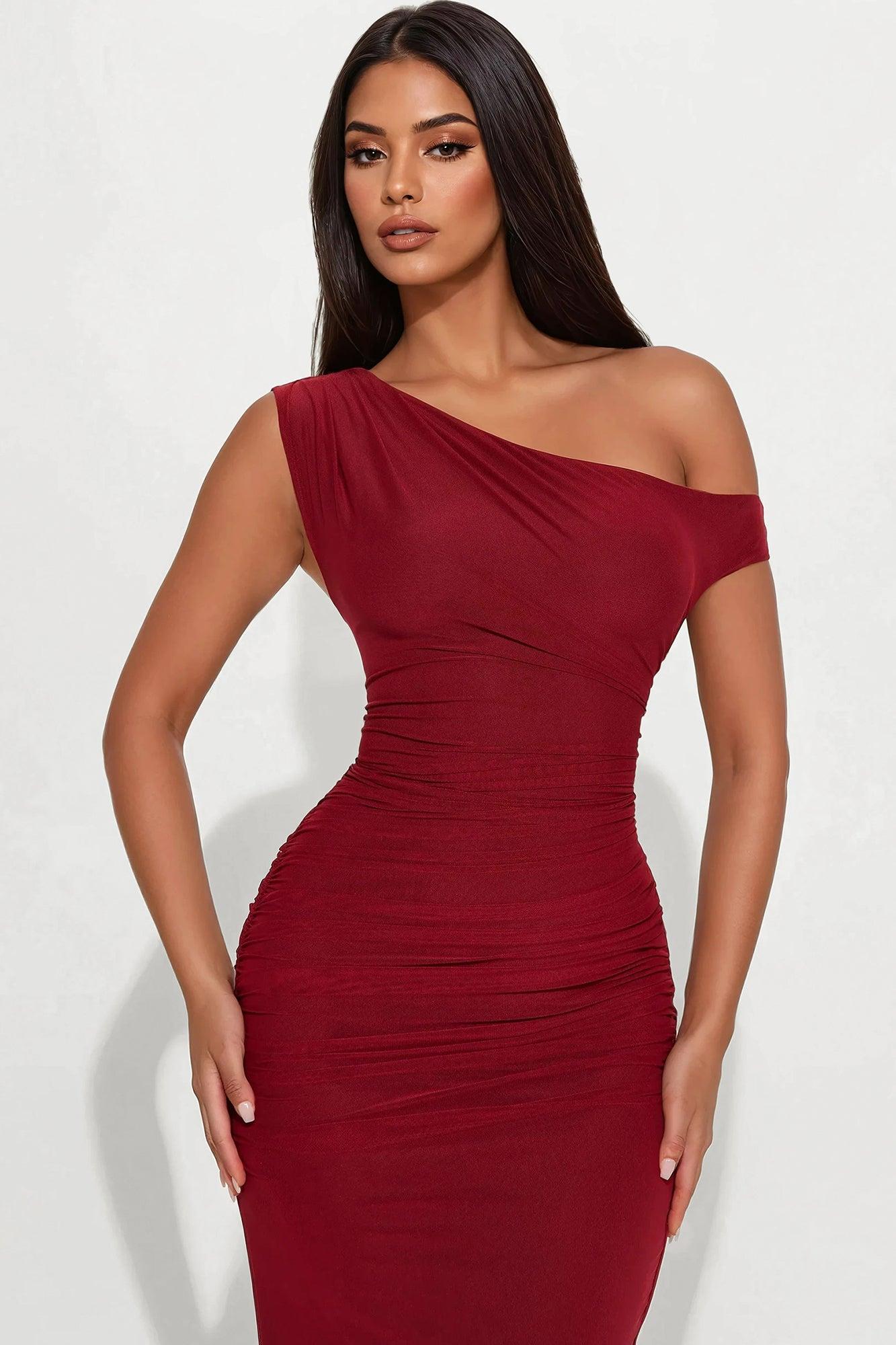 Ashtin Mesh One Shoulder Maxi Dress - Wine Product Image