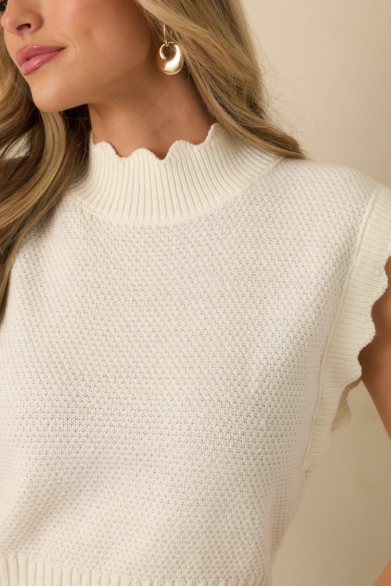 Sweetly Said White Textured Knit Scalloped Edge Sleeveless Cropped Sweater Product Image