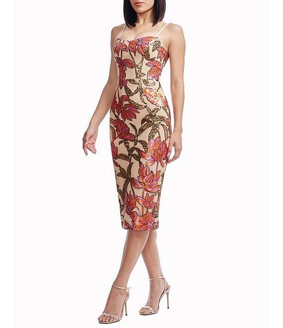 Dress the Population Blakely Sweetheart Neck Sleeveless Floral Sequin Mesh Midi Dress Product Image