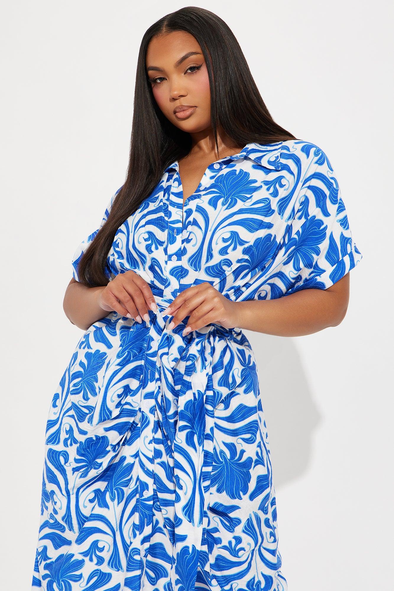 Nori Linen Shirt Midi Dress - Royal/combo Product Image