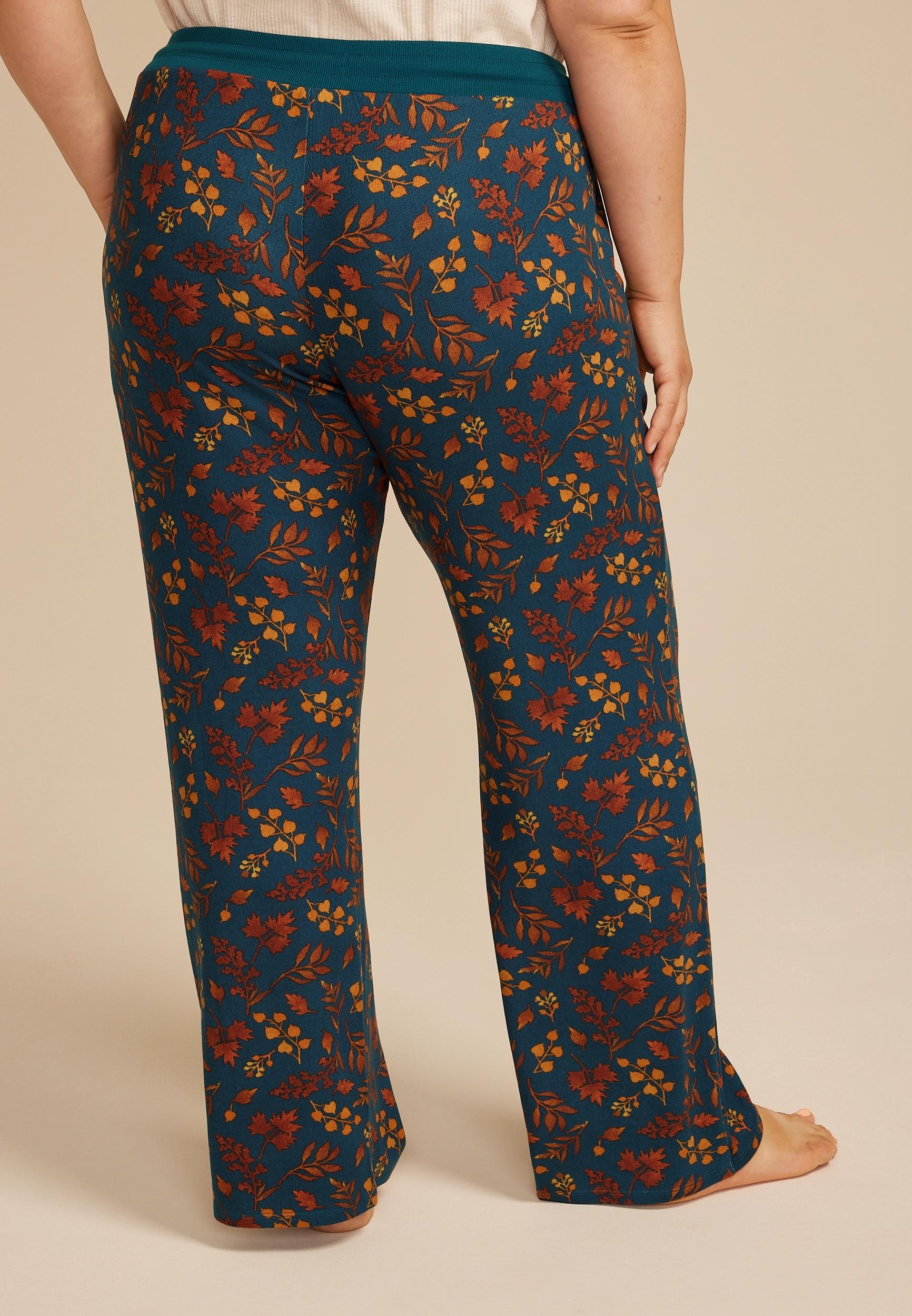 Plus Size Teal Fall Leaves Wide Leg Pajama Pants Product Image