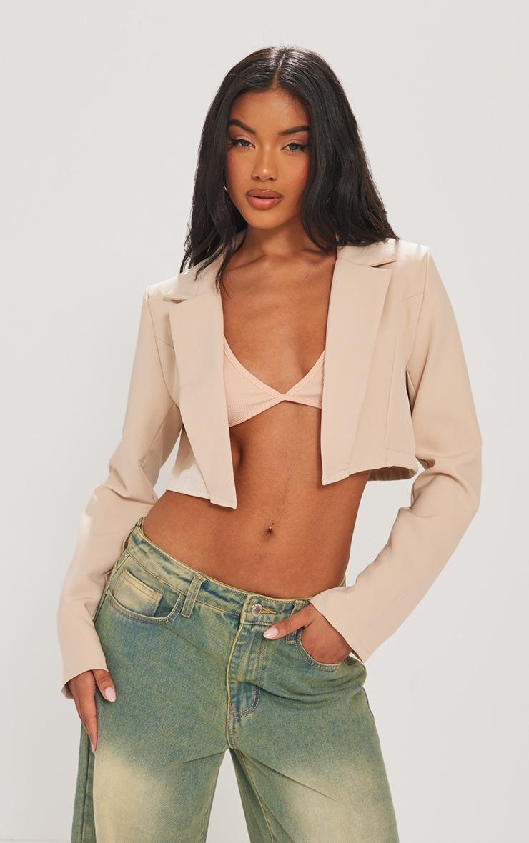 Stone Basic Woven Seam Detail Cropped Blazer Product Image
