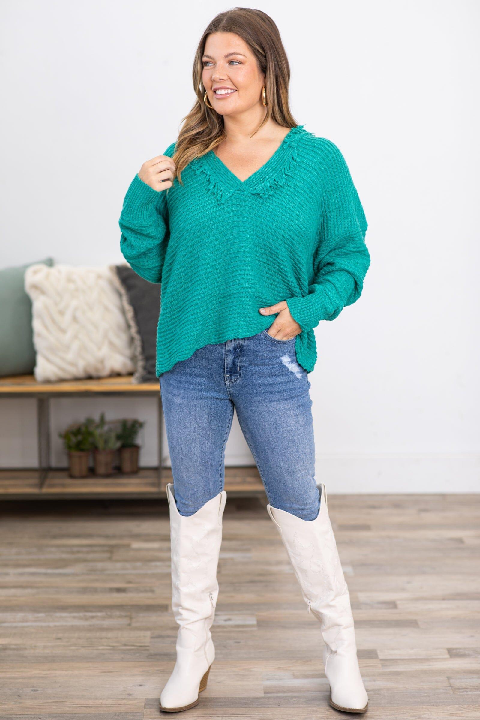 Dark Mint Hooded Sweater With Fringe Product Image